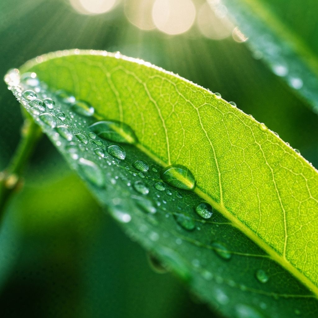 Water droplets on fresh green leaves representing natural vitality and wellness