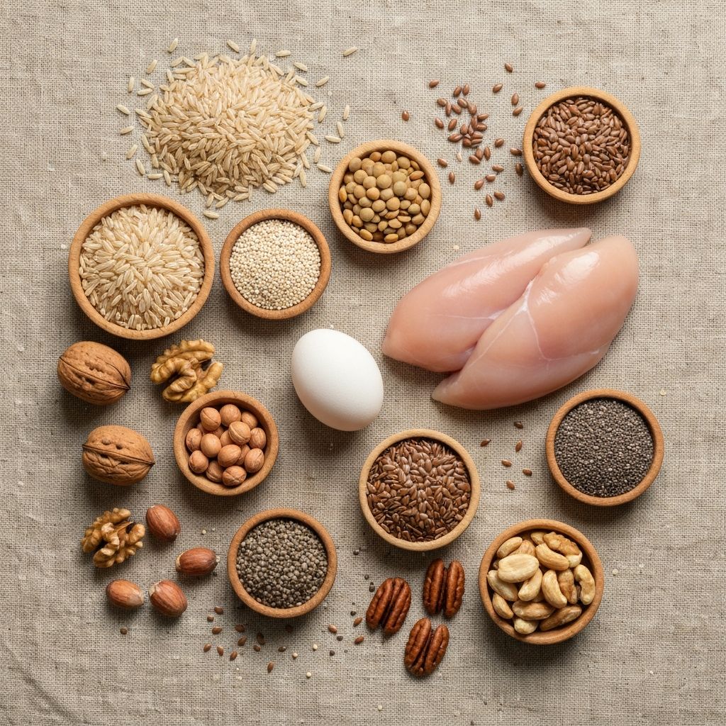 Wholesome foods including grains, nuts, seeds, and lean proteins artfully arranged